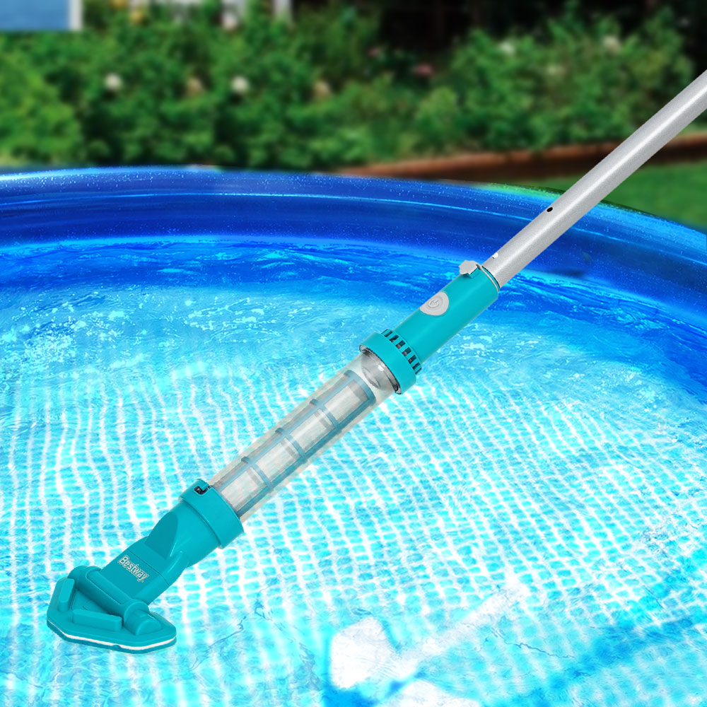 Bestway cordless pool vacuum with extendable pole and white and blue body
