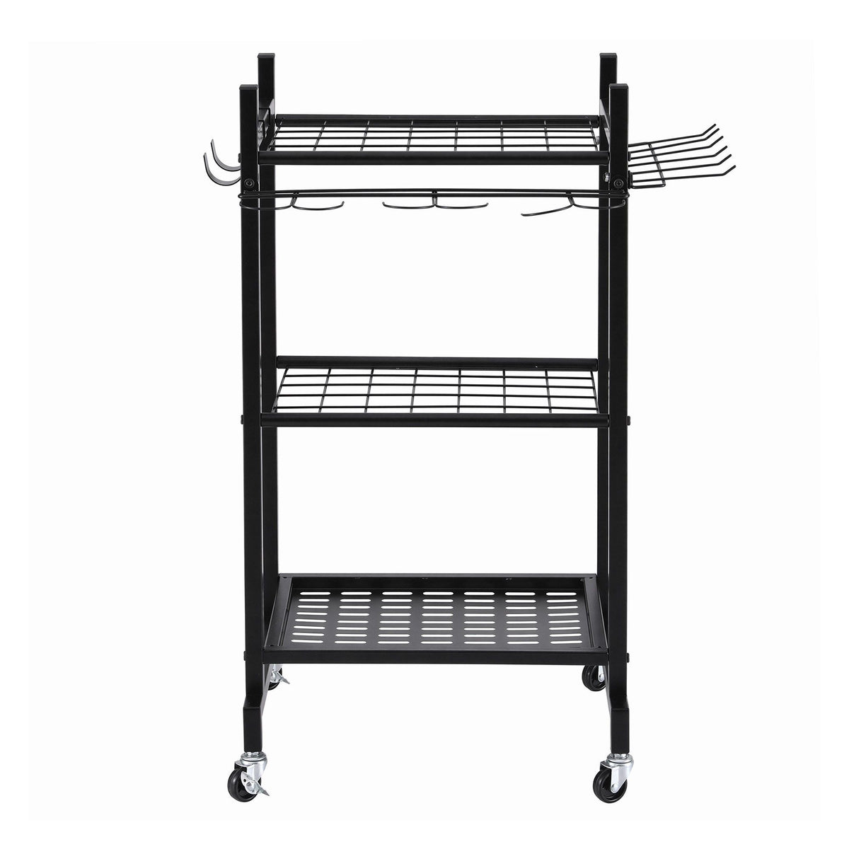 Black wheeled garden tool organiser cart holding rakes and shovels upright