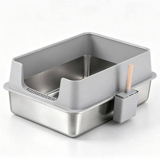 Extra large semi-enclosed stainless steel cat litter box in grey