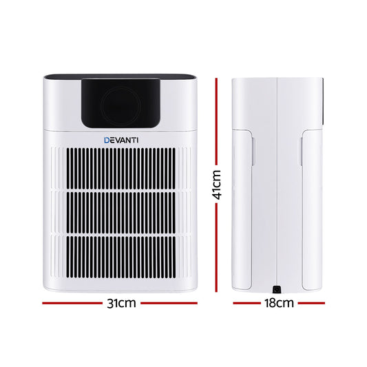 White pet air purifier with PM2.5 display standing in a living room
