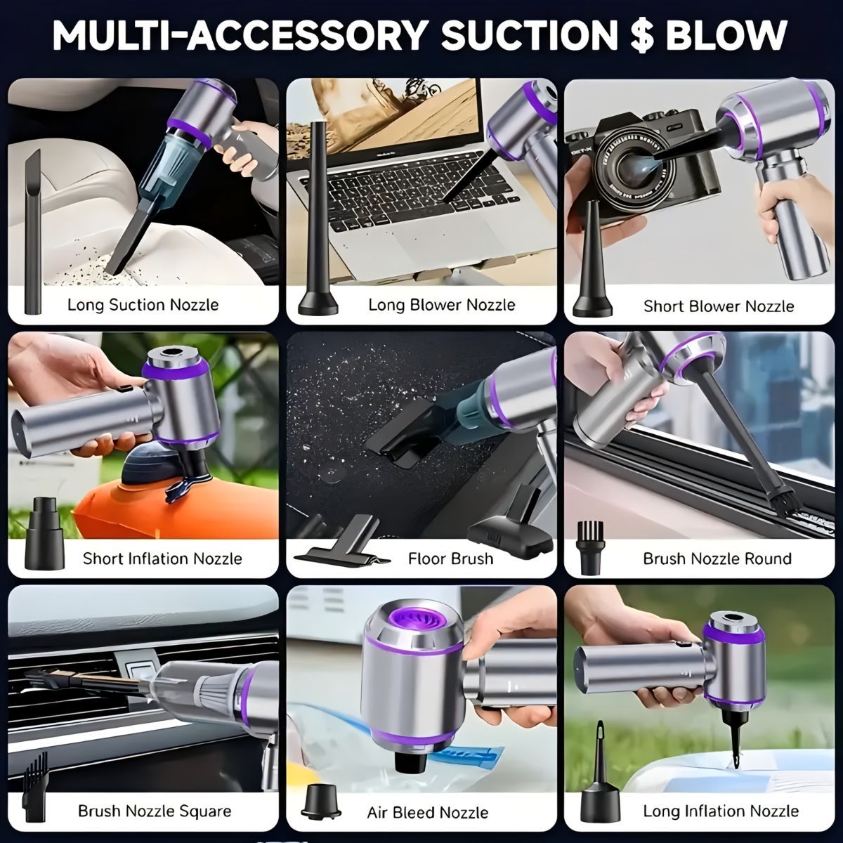 Gray handheld wireless vacuum cleaner with brush attachment and extension wand