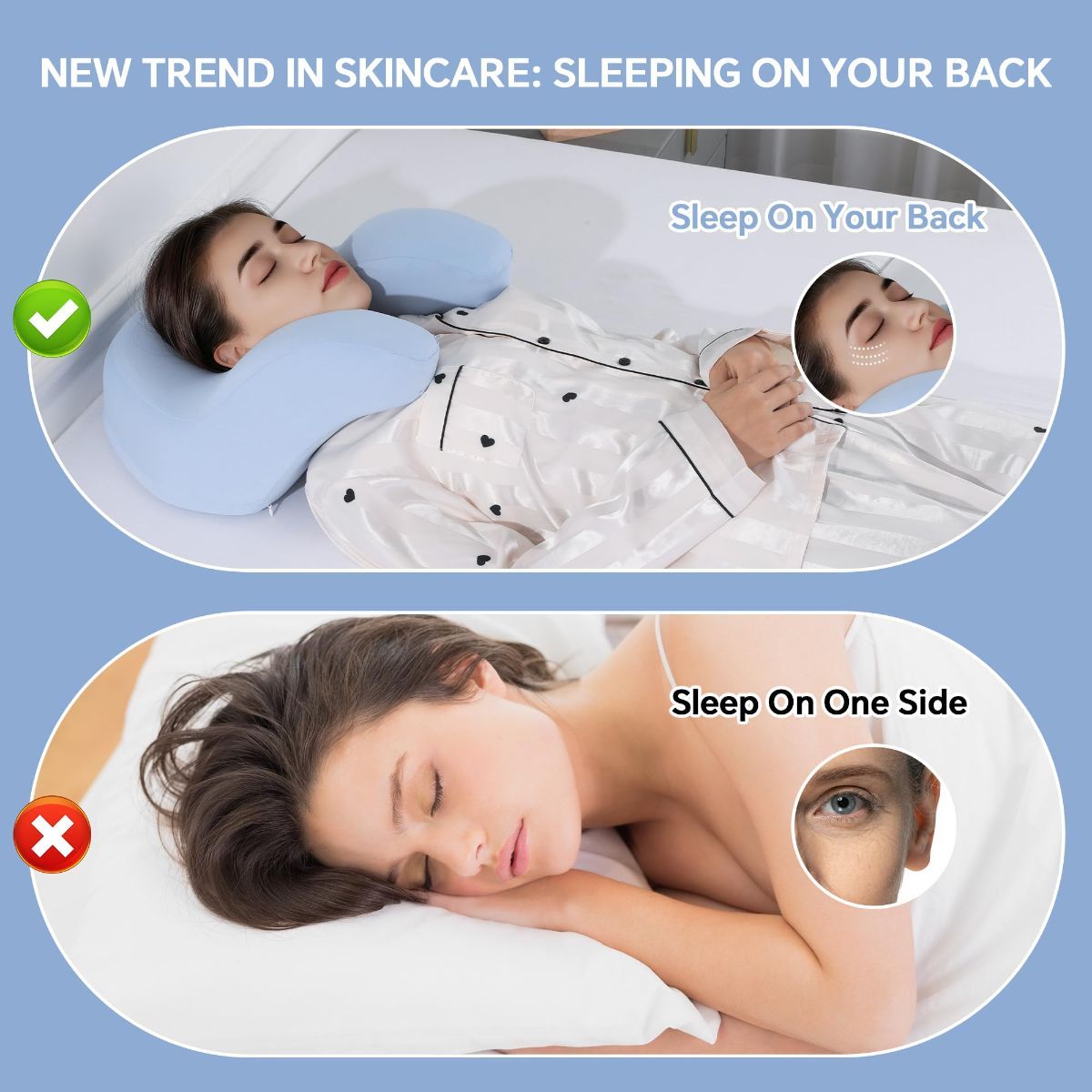 Blue memory foam back sleeping pillow with contoured shape and washable covers