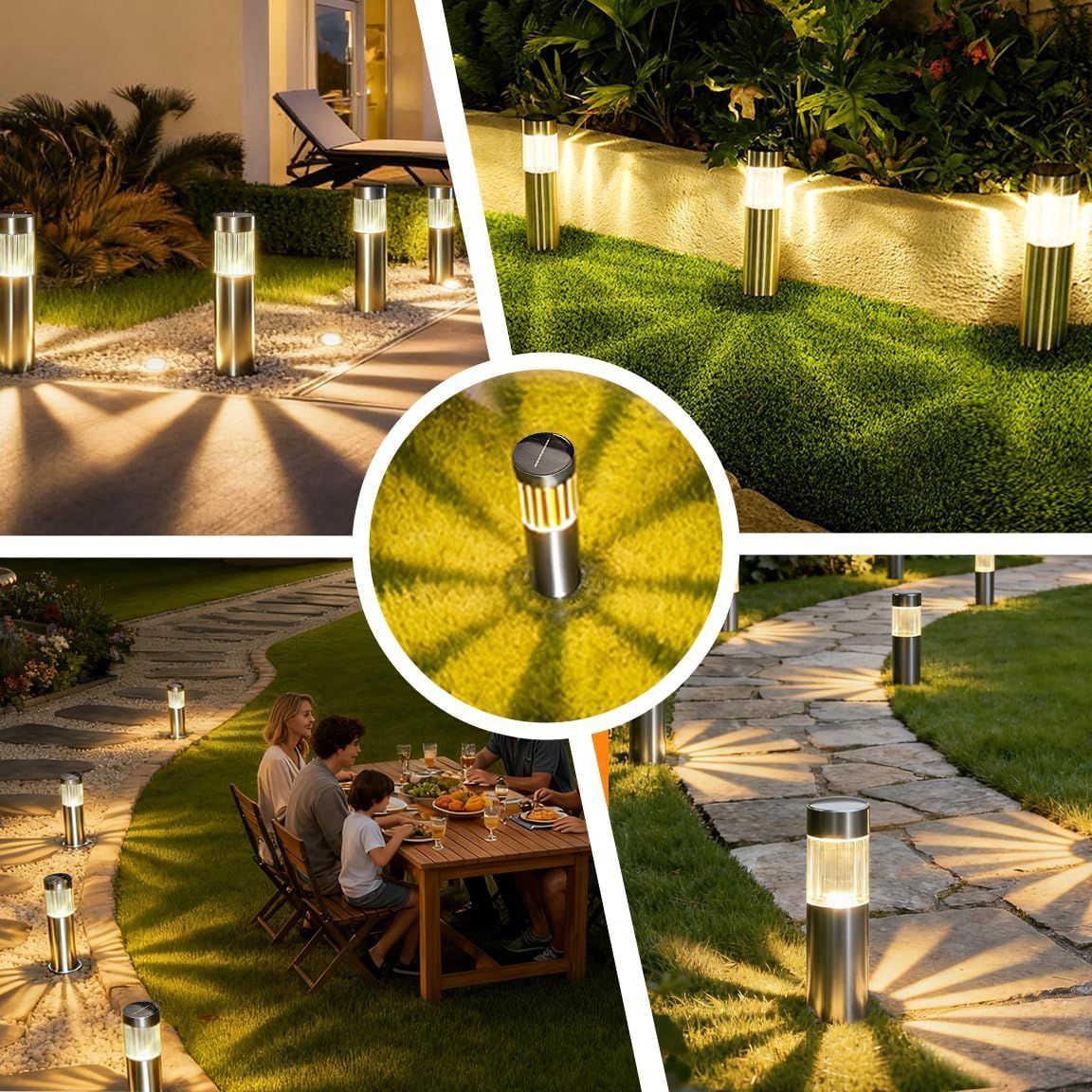 Four black solar stainless steel pathway lights for outdoor garden use