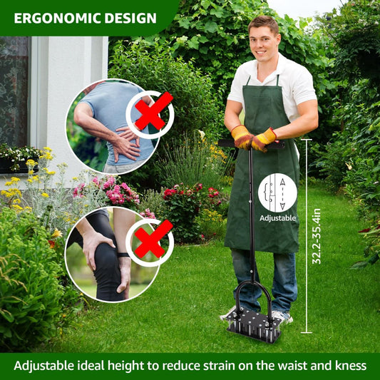 Black manual lawn aerator with 15 spikes and adjustable handle
