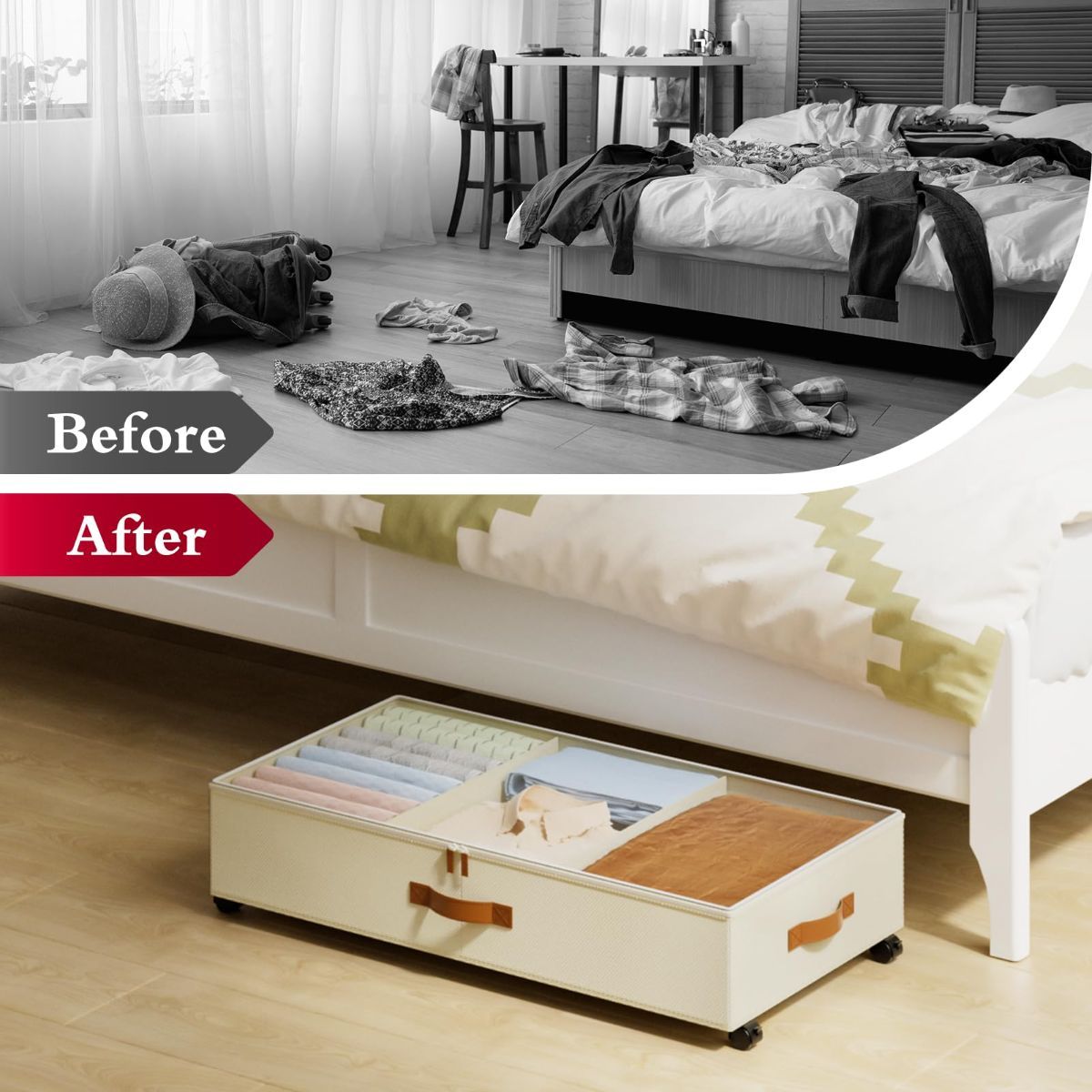 Two black under-bed storage bins with clear lids, wheels and dividers