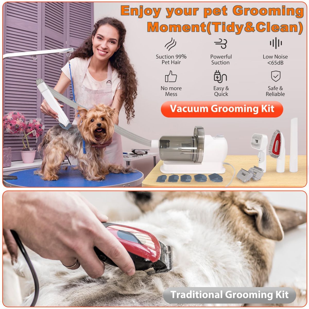 Pet grooming vacuum set with scissors, brush and comb attachments