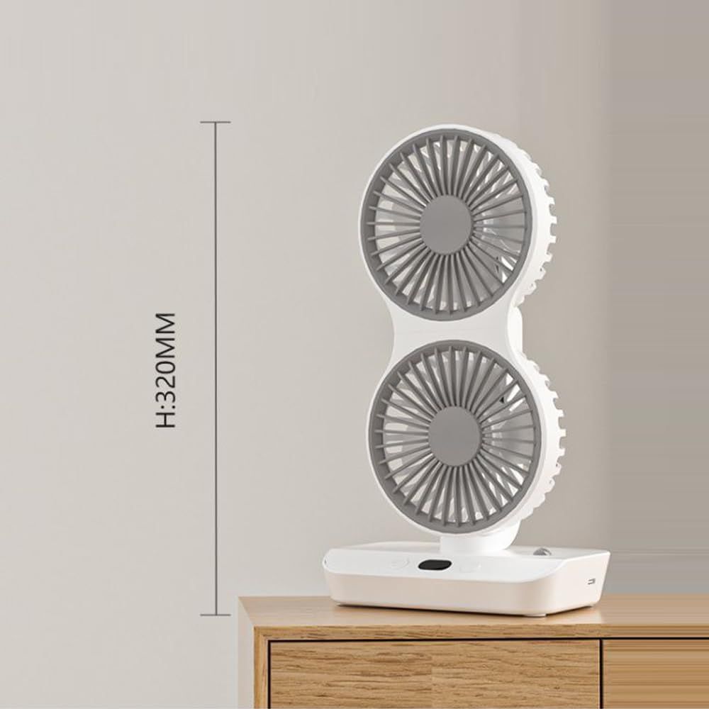 White dual-head rechargeable desktop fan with LED display and compact base