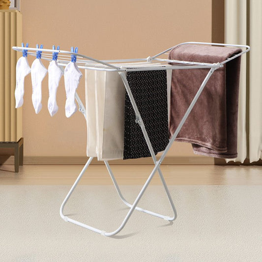 White folding clothes drying rack with double-wing sides and horizontal bars