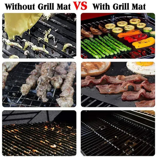 Three black non-stick barbecue grill mats with food cooking on one