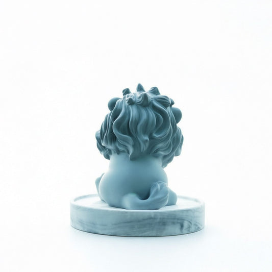 Matte white smiling lion gypsum statue with closed eyes