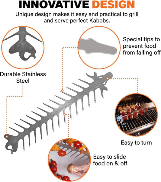 Four stainless steel barbecue skewer forks with shaped heads