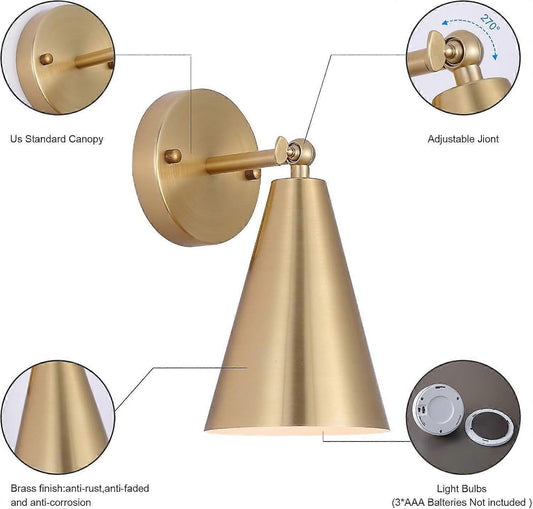 Pair of modern gold wall sconces with cone shades and adjustable heads