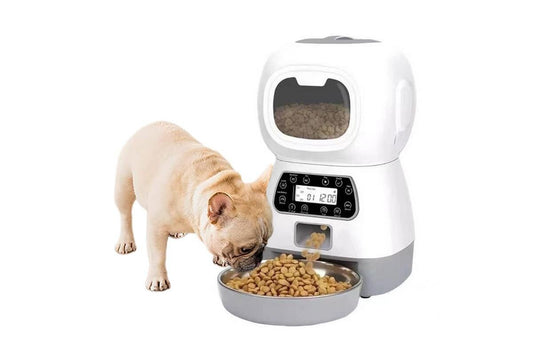 White automatic pet feeder with digital controls and food dispensing tray