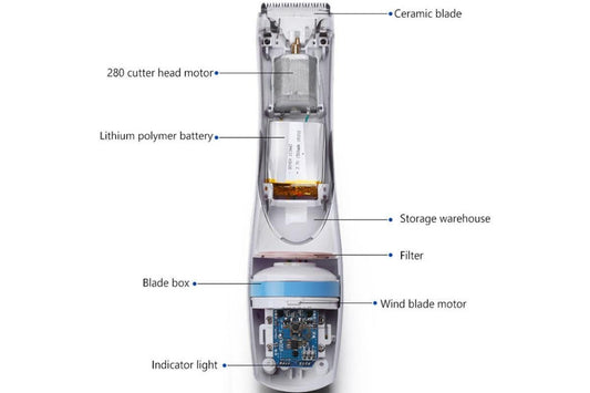 Black rechargeable pet hair clipper with built-in vacuum and detachable hair box