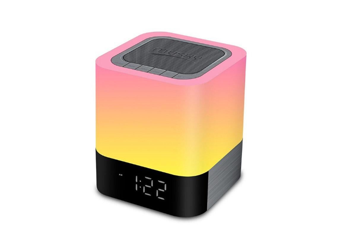 Compact LED bedside lamp with speaker, clock display and touch sensor top