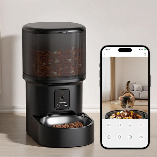 Black automatic pet feeder with camera and display panel