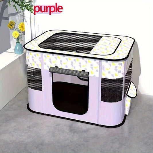 Green foldable pet playpen with breathable mesh sides set up indoors