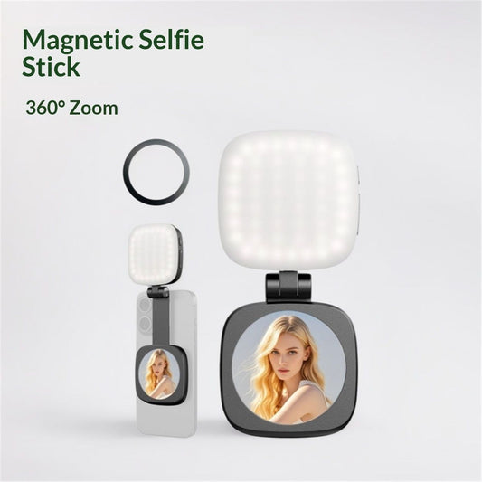 Black folding magnetic LED selfie light with mirror and phone mount