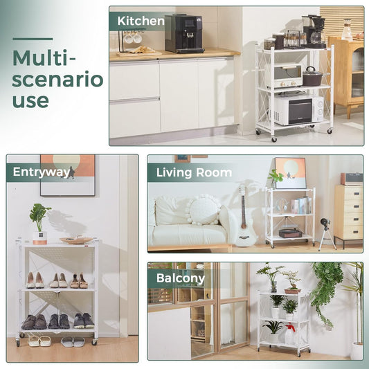 White 3-tier foldable storage shelf on wheels