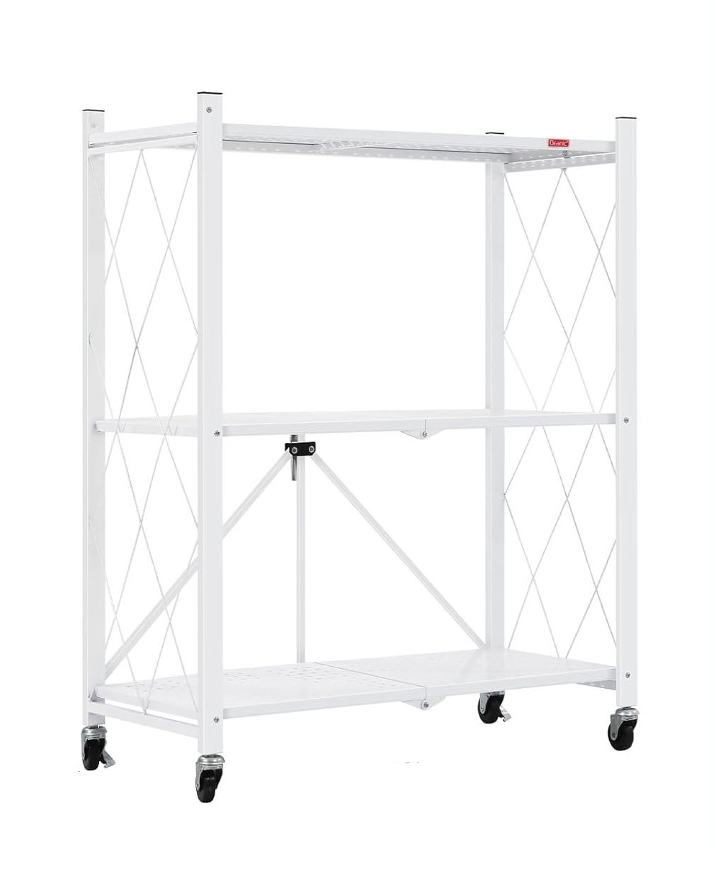 White 3-tier foldable storage shelf on wheels