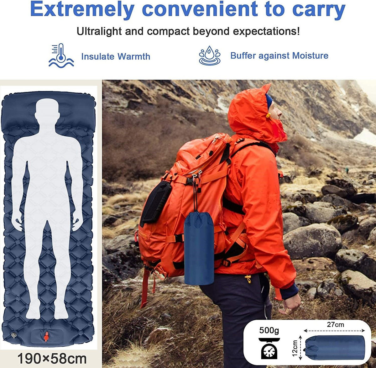 Ultralight inflatable camping sleeping pad with built-in pillow