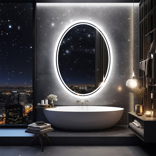 Oval LED bathroom mirror with touch control and lit frame