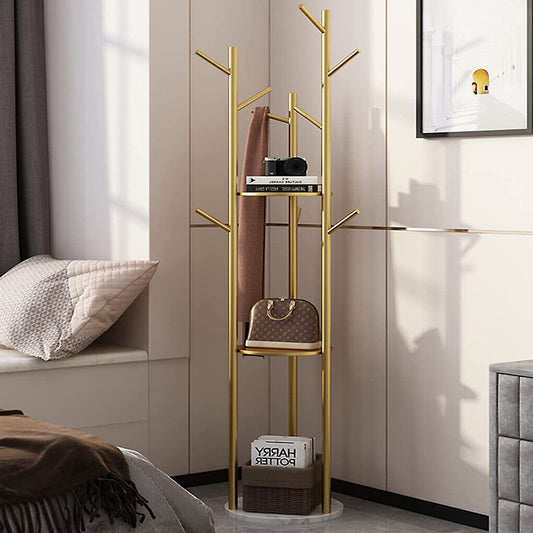 Tall marble and metal coat rack stand with gold frame, marble base and multiple hooks