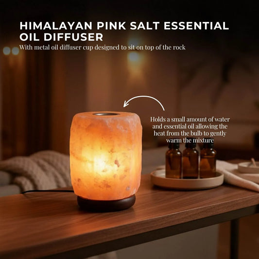 Himalayan pink salt lamp with wooden base, oil cup and plug switch