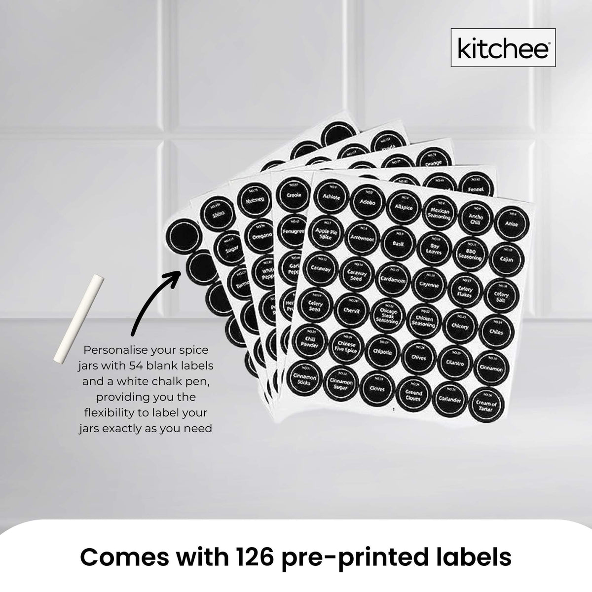 Black 4-tier metal spice rack with 28 glass jars and labels