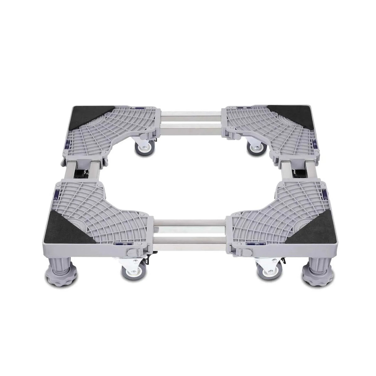 Adjustable wheeled appliance base supporting a washing machine