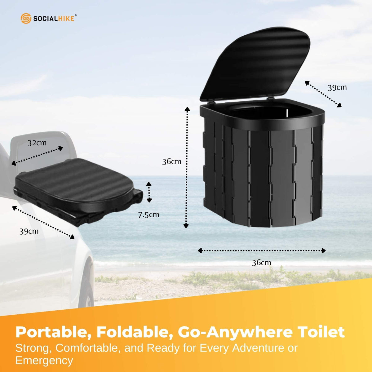 Black folding camping toilet with lid, carry bag and toilet paper holder