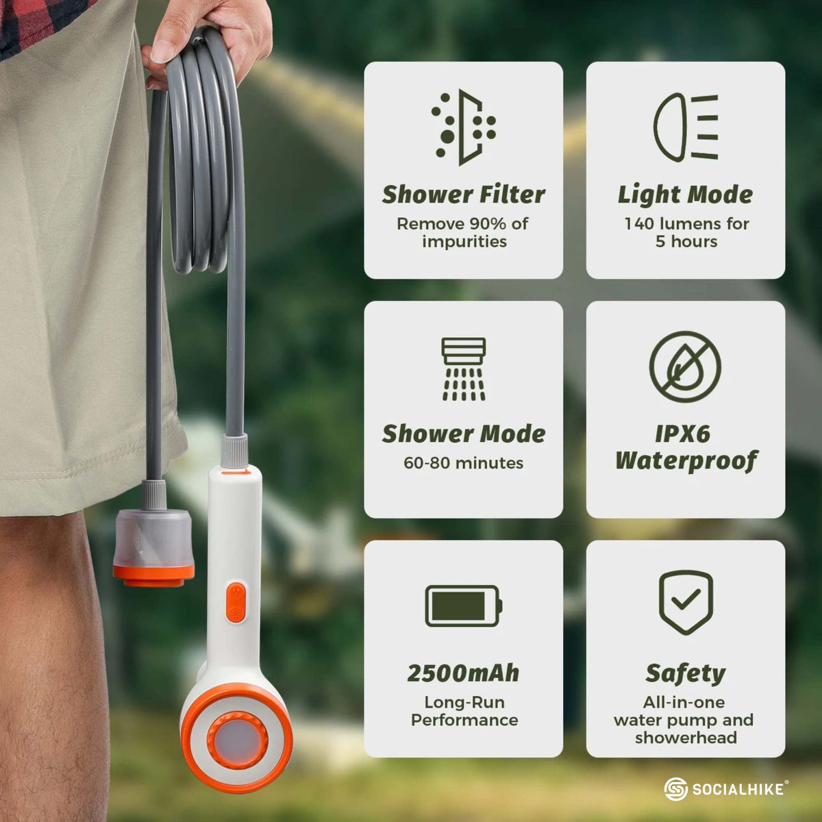 Portable camping shower pump with hose, nozzle, hanging hook and built-in LED light