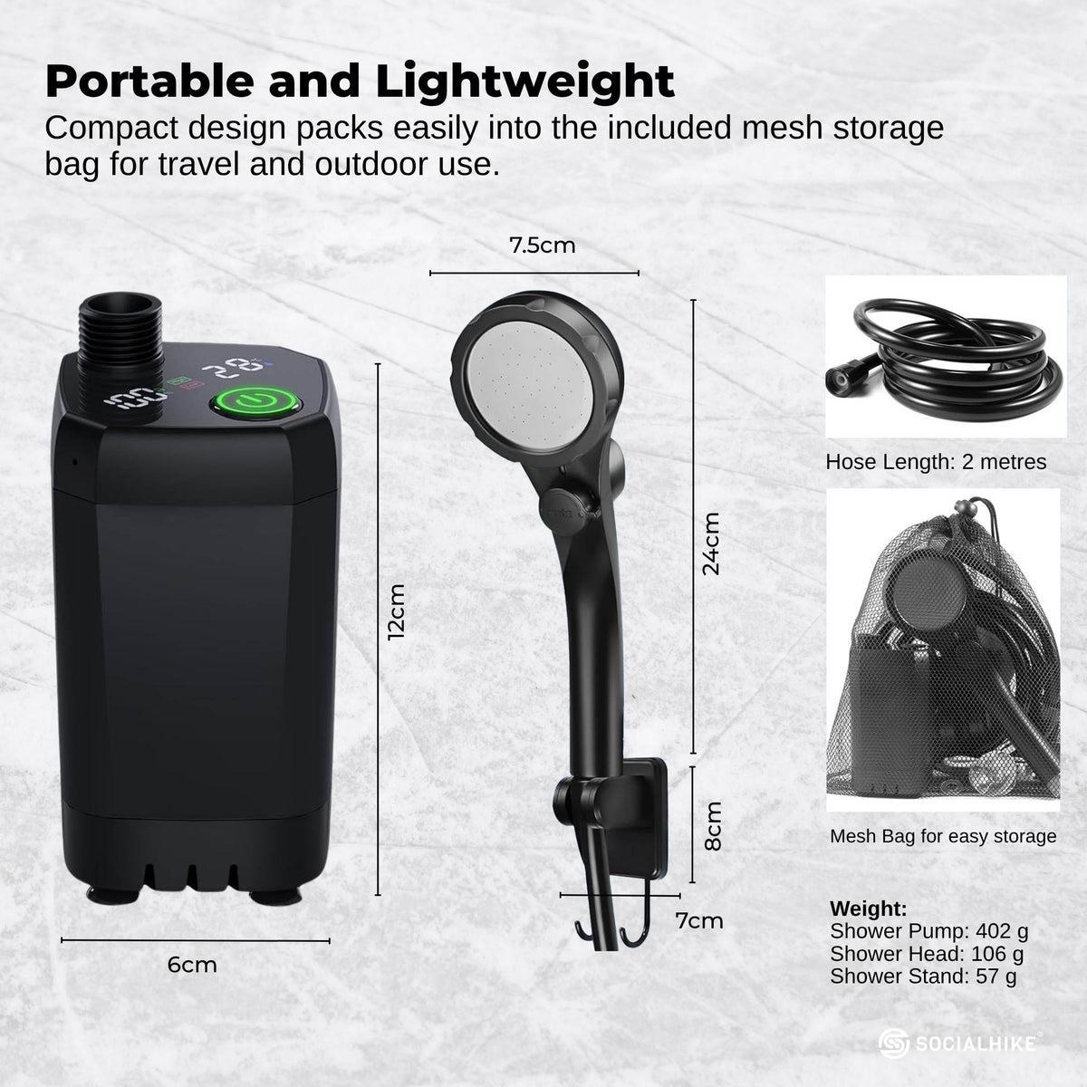 Black portable rechargeable camping shower kit with hose, shower head and LED display