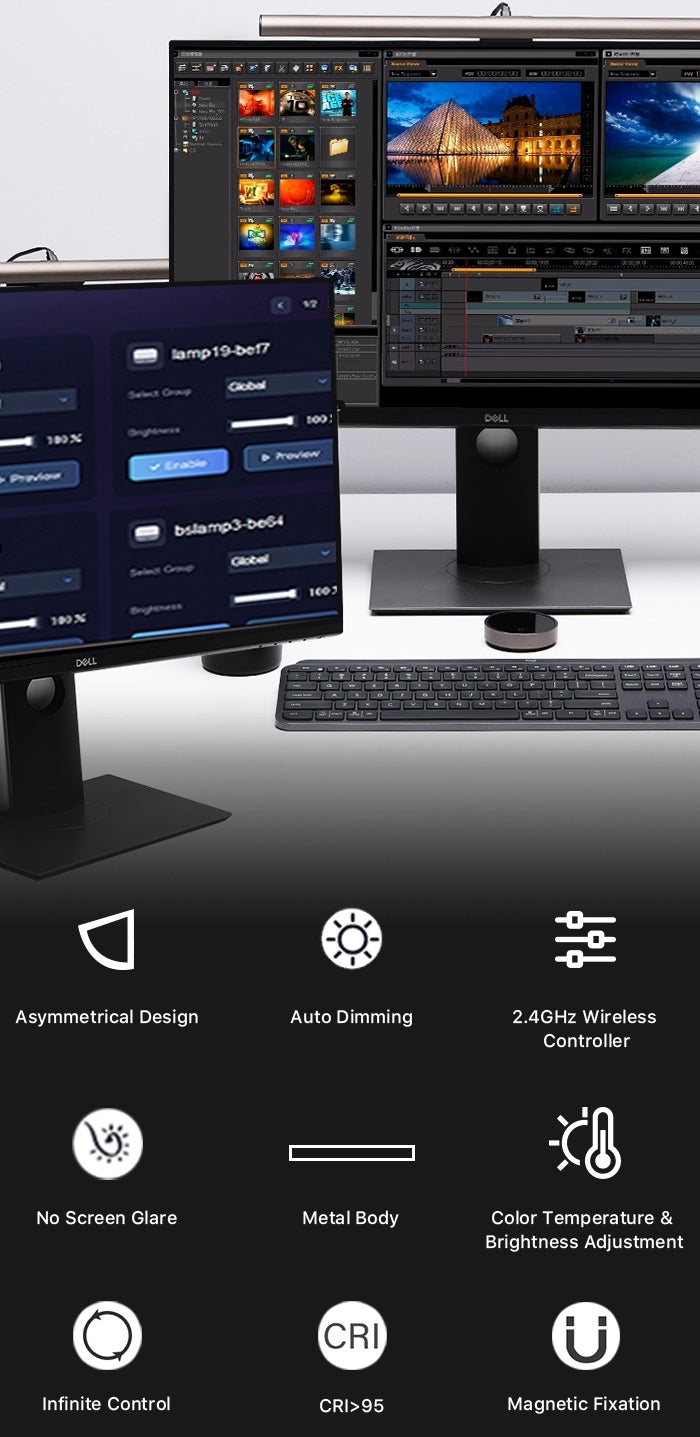 Two-bar wireless monitor lamp with remote controller for desk lighting
