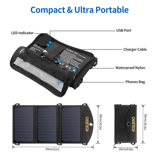 Portable 19W solar panel charger with dual USB output and fold-out panel