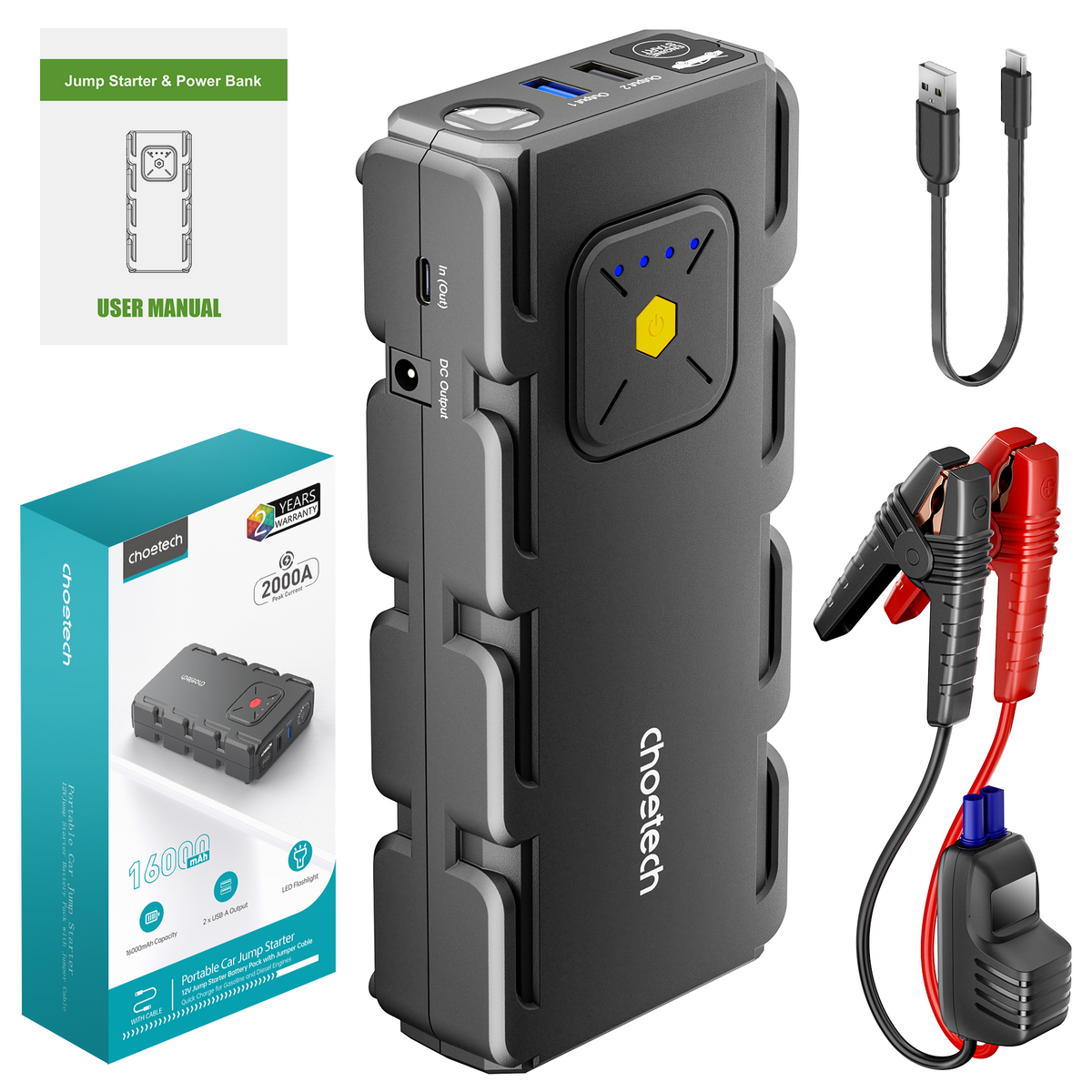CHOETECH portable car jump starter with LED flashlight and charging ports