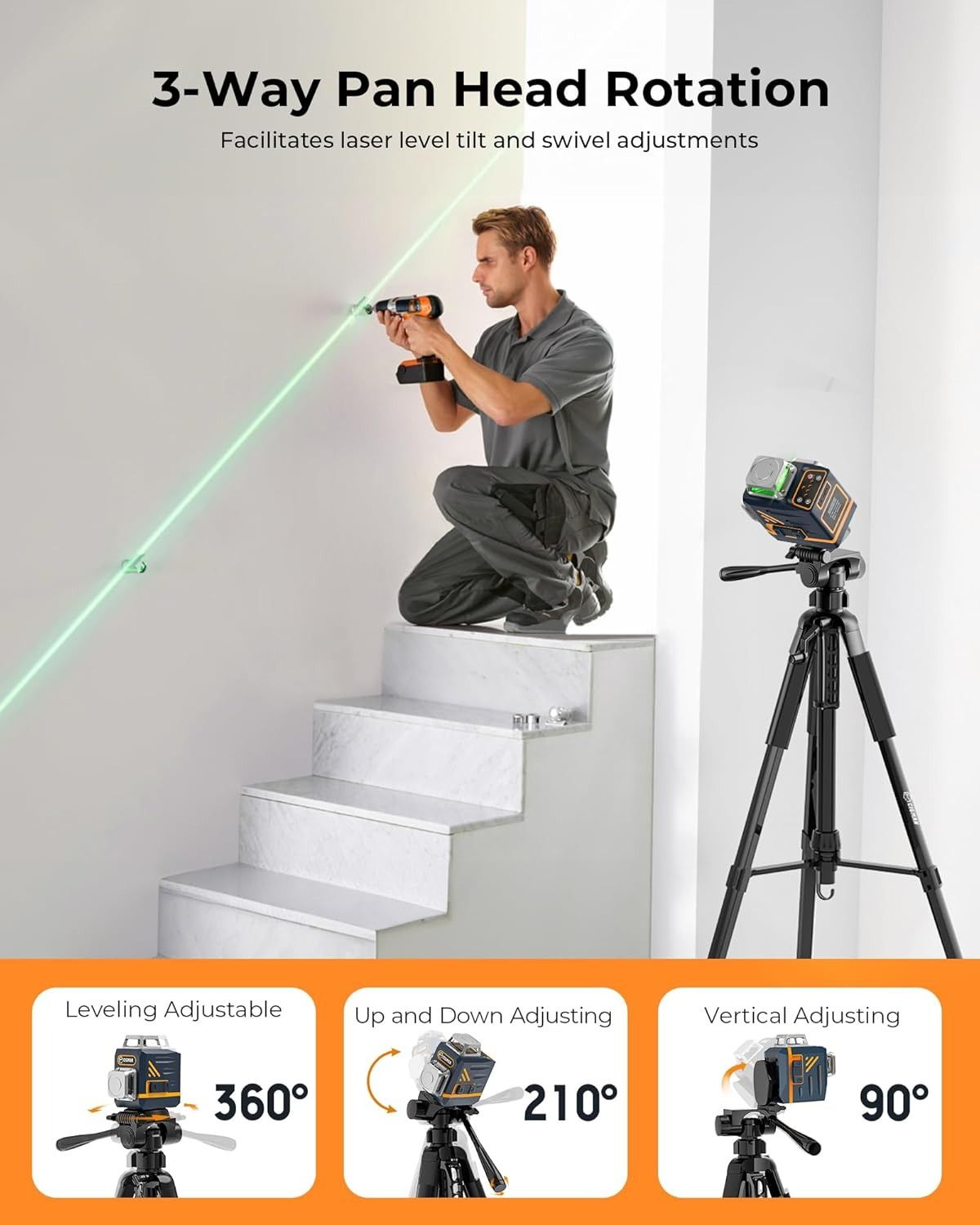 Black adjustable CIGMAN tripod with pan head, bubble level, phone holder and carry bag