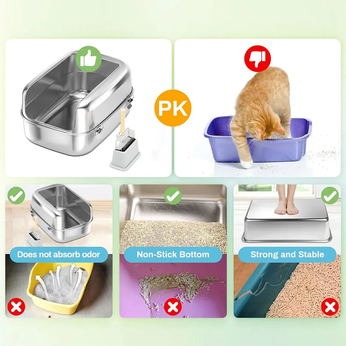 Open silver stainless steel cat litter box with high sides and scooper