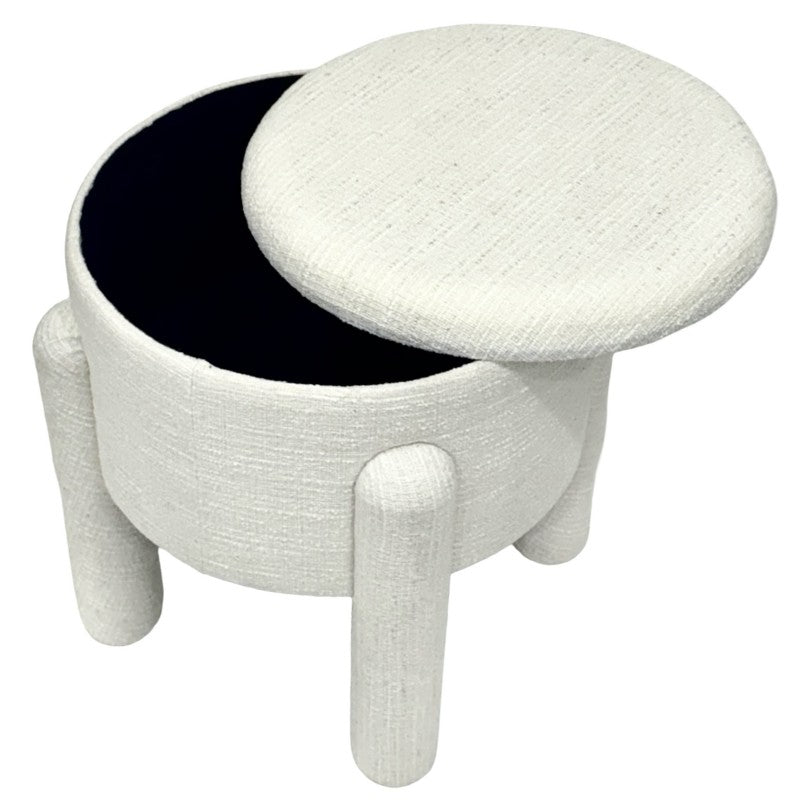 Beige round MDF timber storage stool with low profile and flat top