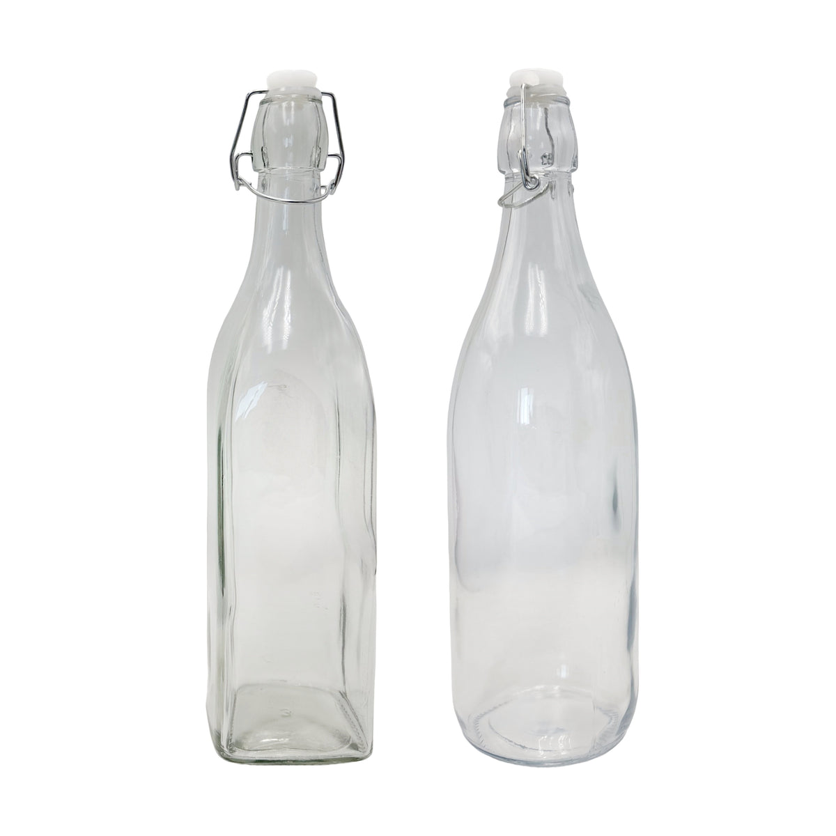 Twelve clear glass bottles with clip lids shown upright