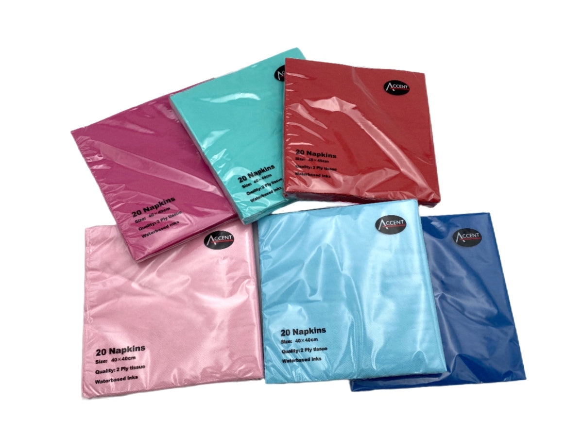 Pack of 24 multi colour 2 ply paper napkins, 40 cm size