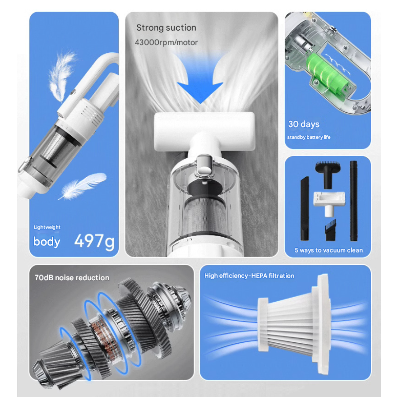 Cordless stick vacuum cleaner with handheld attachments and USB charging cable