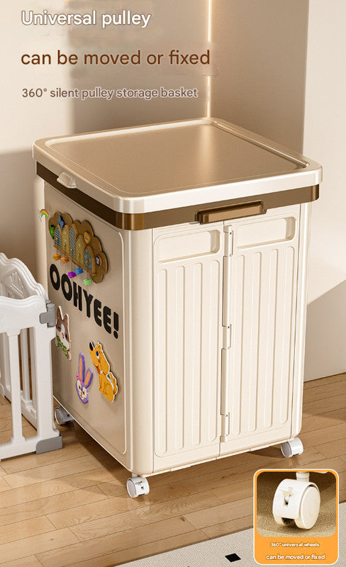 Light green foldable storage box with lid, side handles and four wheels