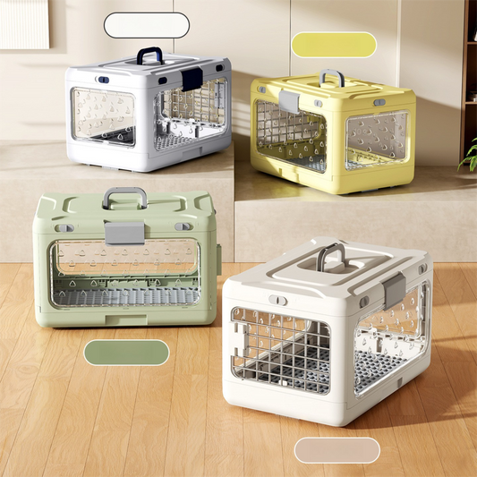 Grey foldable pet carrier crate with metal grid door and side ventilation windows