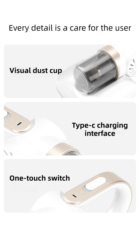 White cordless UV mite remover vacuum set with floor brush and mite head