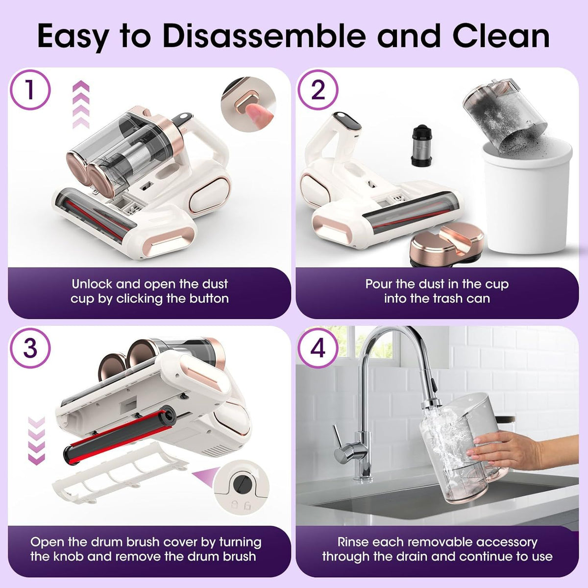 Grey and purple cordless UV mattress vacuum with LED display on a bed