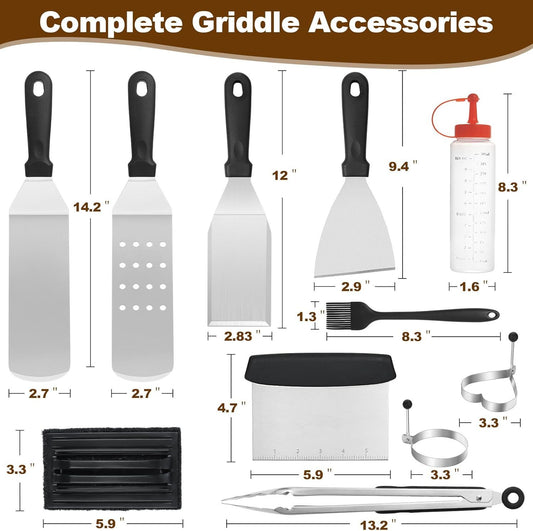 Stainless steel BBQ tool set with spatulas, tongs, egg rings, oil bottles, brush and storage bag