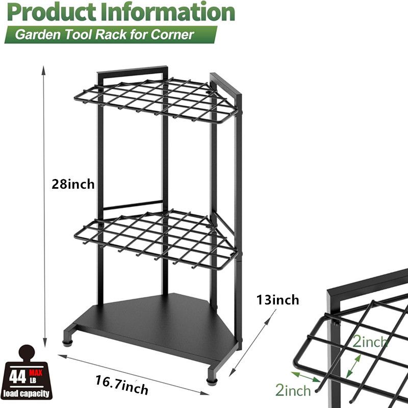 Triangular metal corner rack holding garden tools upright in a shed