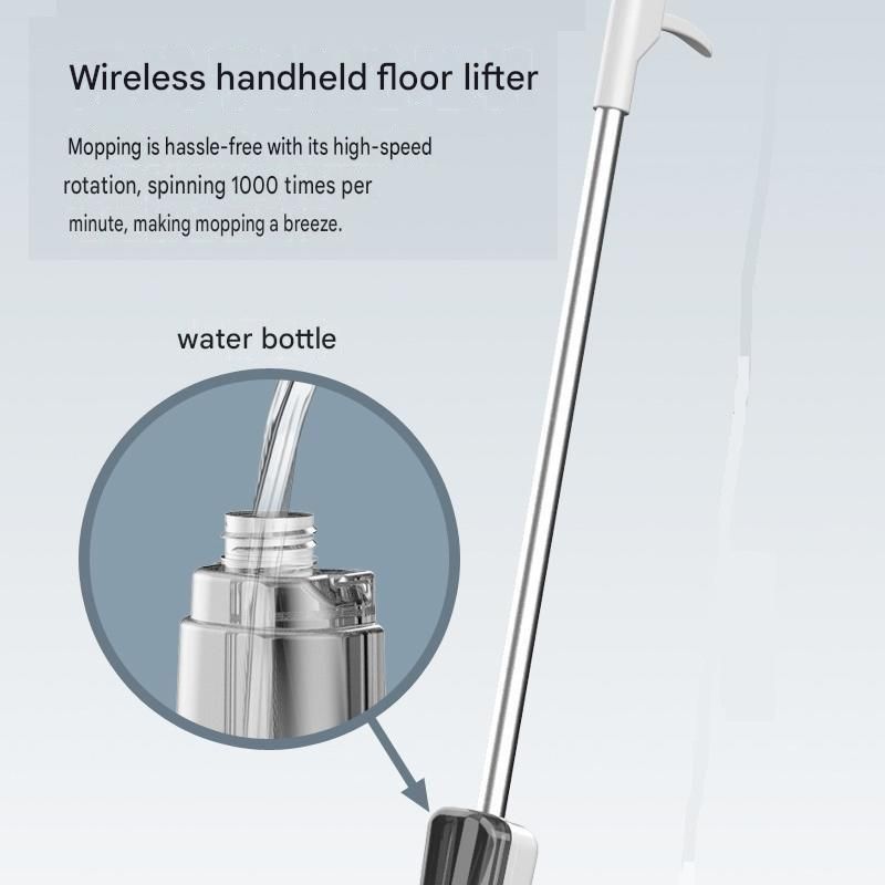 Green cordless electric spin mop with dual rotating heads on a tiled floor