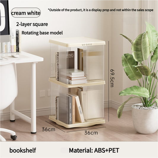 Cream white square rotating bookshelf with two tiers holding books